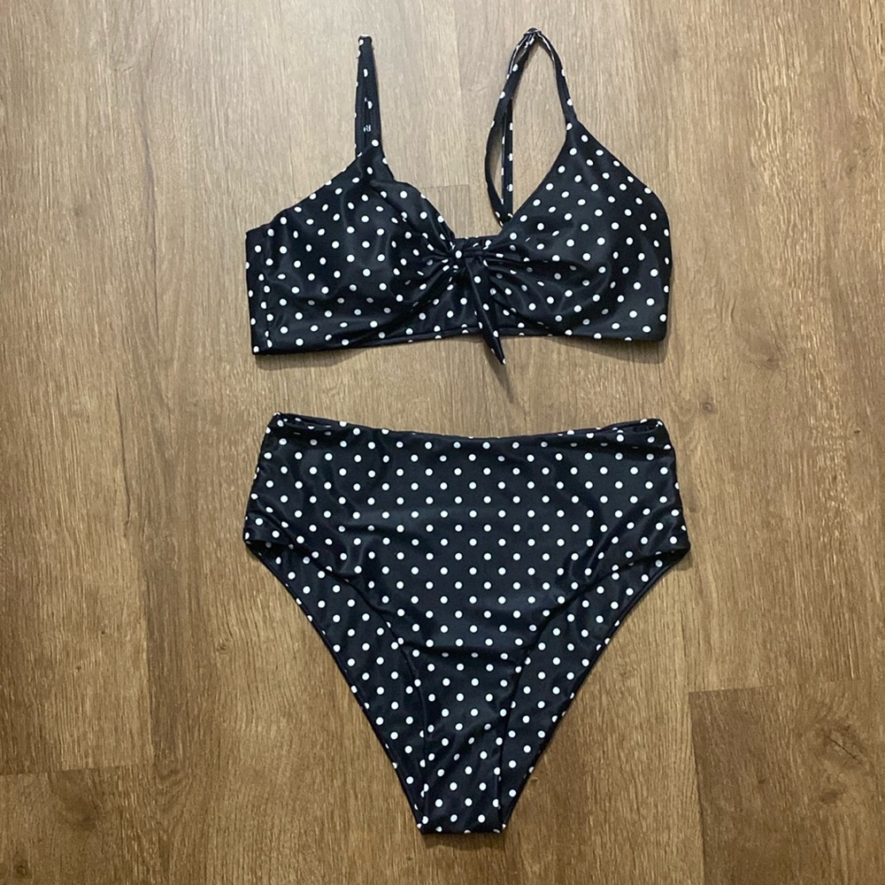 high waisted two piece black and white polka dot bathing suit medium